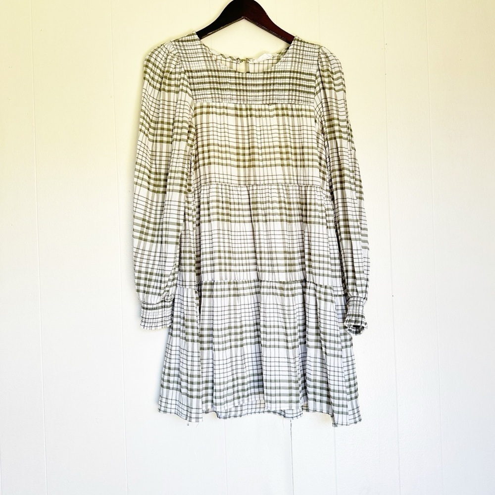 BY THE RIVER Plaid Cream Green Long Sleeve Dress Small